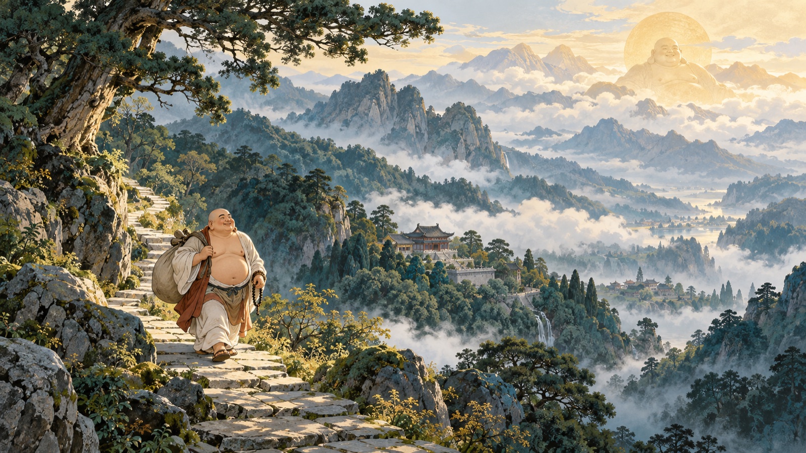山中有笑主题插画：布袋和尚、山路与云间寺院